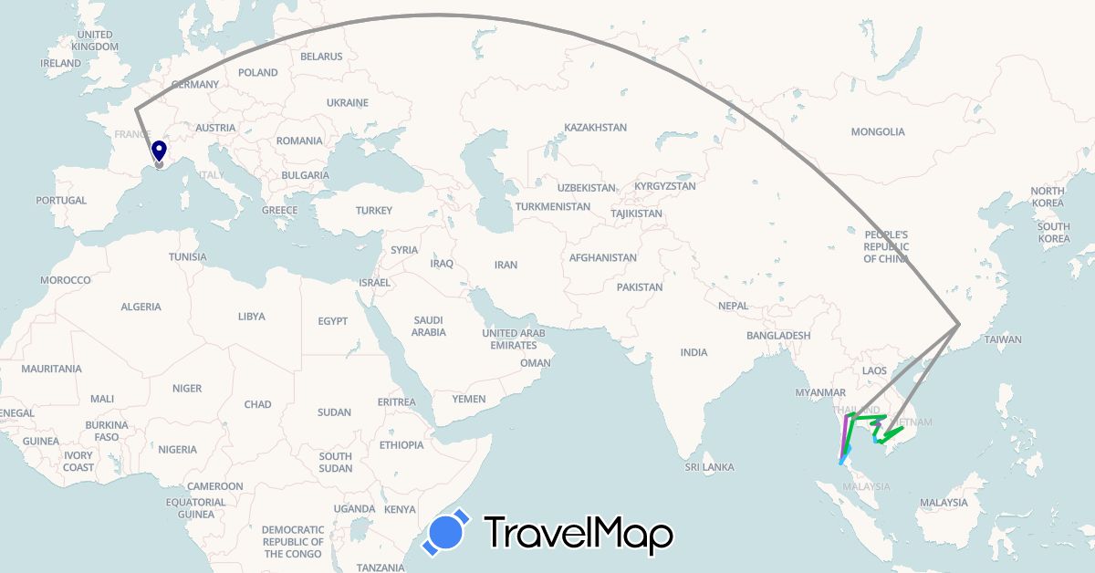 TravelMap itinerary: driving, bus, plane, cycling, train, boat in China, France, Cambodia, Thailand (Asia, Europe)